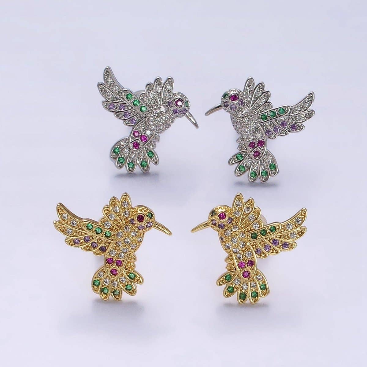 14K Gold Filled Multicolor Micro Paved CZ Hummingbird Pet Earrings Set in Gold & Silver