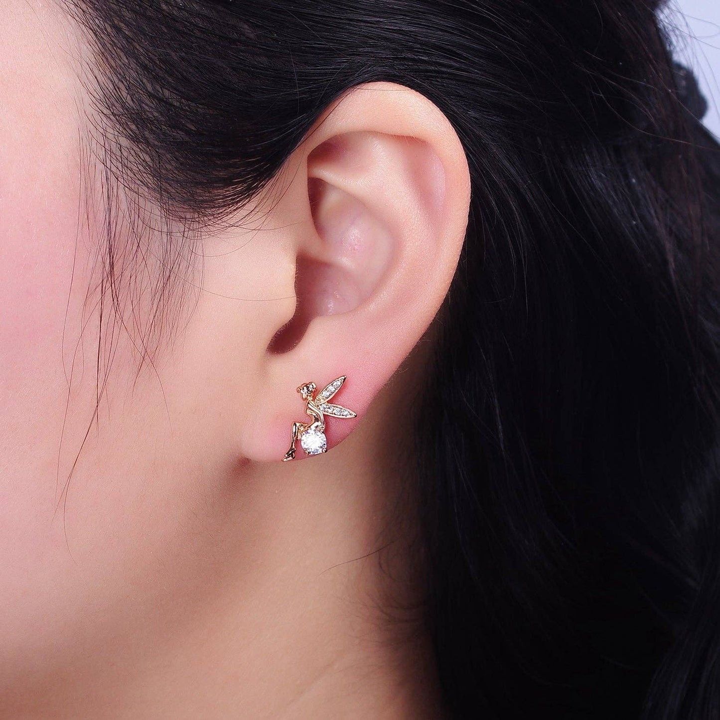 18K Gold Filled Fairy Wings Micro Paved CZ Stud Earrings