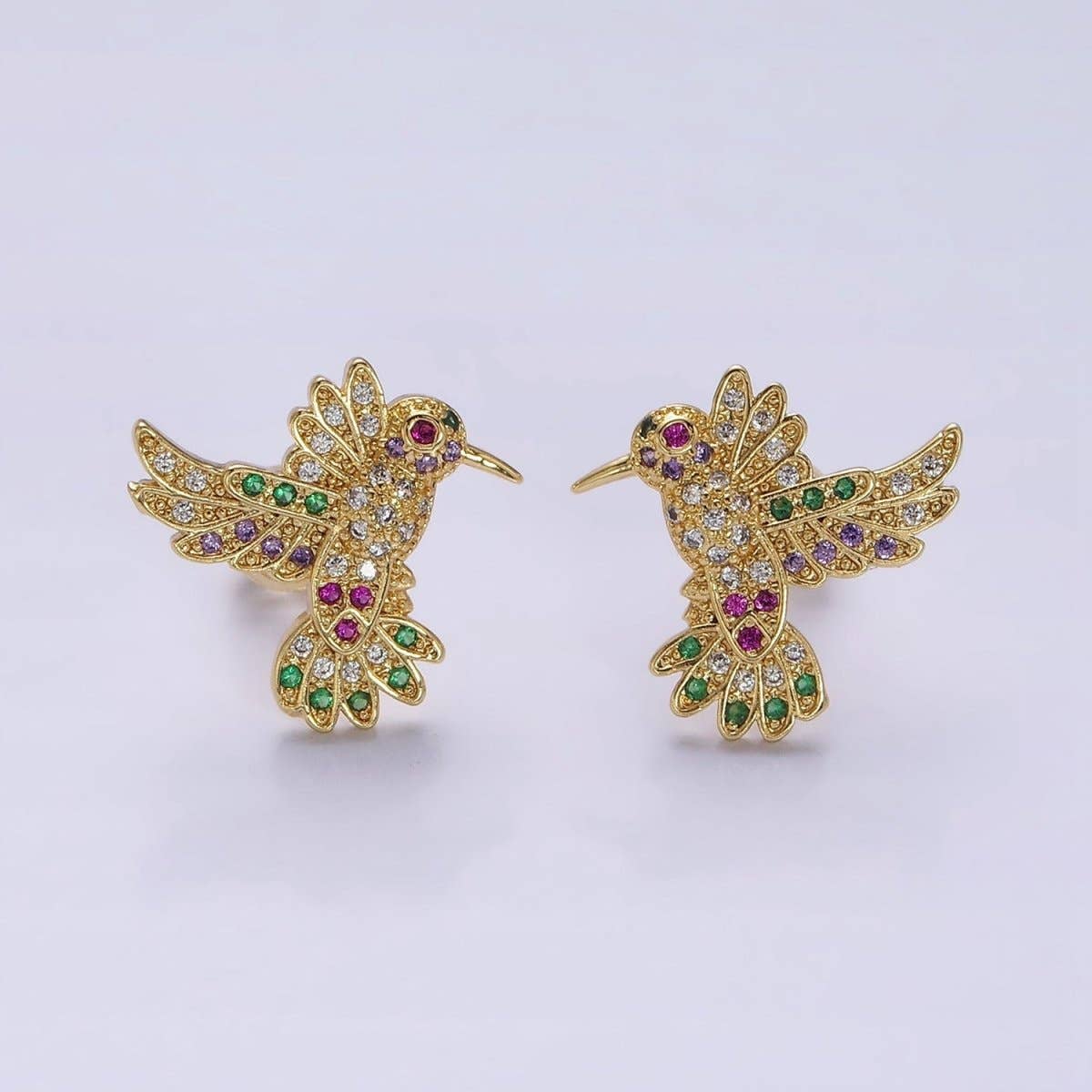 14K Gold Filled Multicolor Micro Paved CZ Hummingbird Pet Earrings Set in Gold & Silver