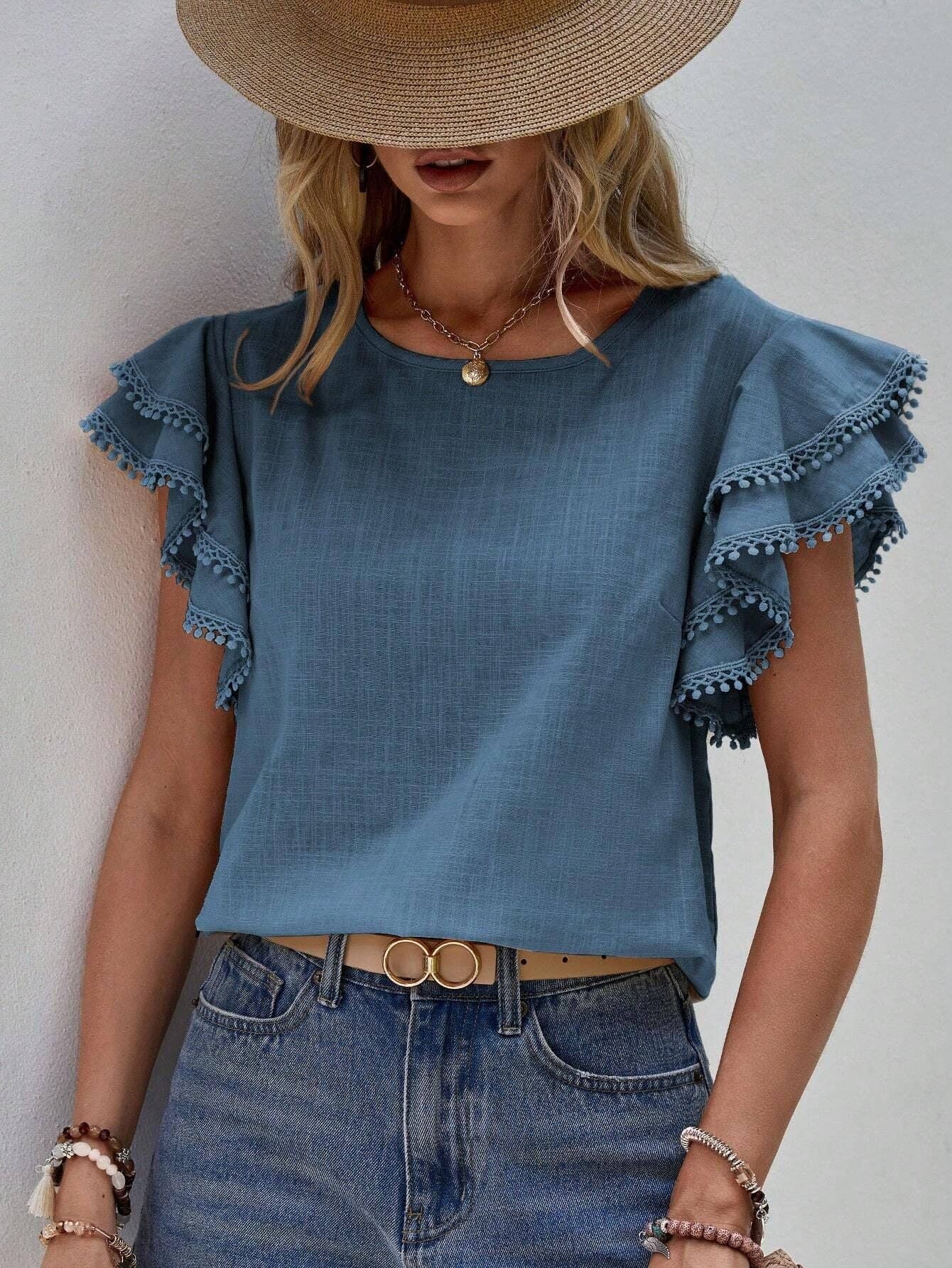 Women's Casual Ruffle Sleeve V-Neck Blouse Soft Cotton Pom Pom Trim Short Sleeve Top: Sea blue