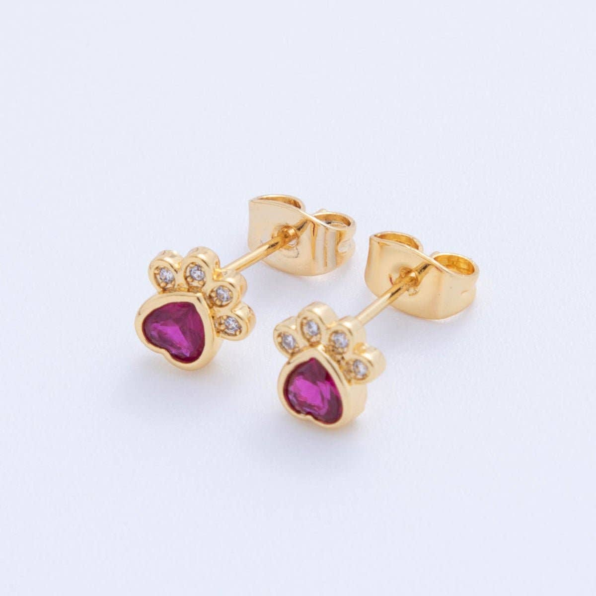18K Gold Filled Hot Pink & Clear CZ Pet Paws Stud Earrings Hot Pink