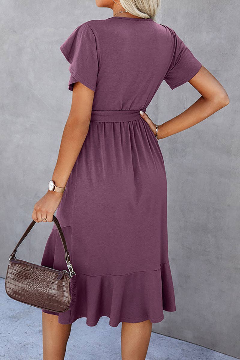 Petal Sleeve Ruffle Trim Belted Midi Dress: OLIVE