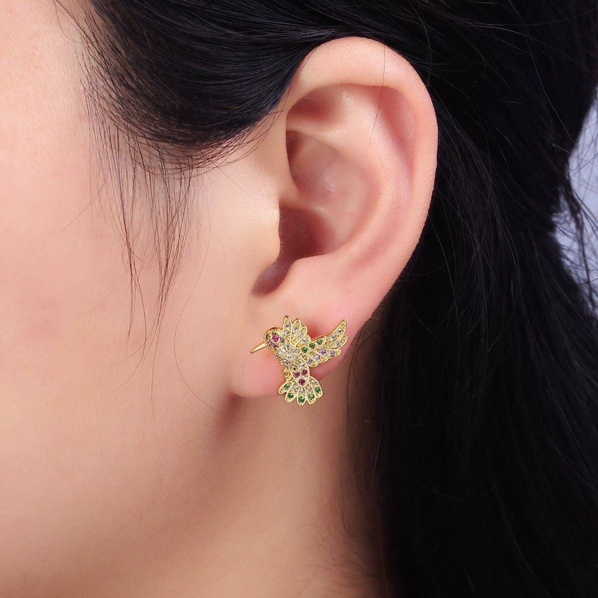 14K Gold Filled Multicolor Micro Paved CZ Hummingbird Pet Earrings Set in Gold & Silver