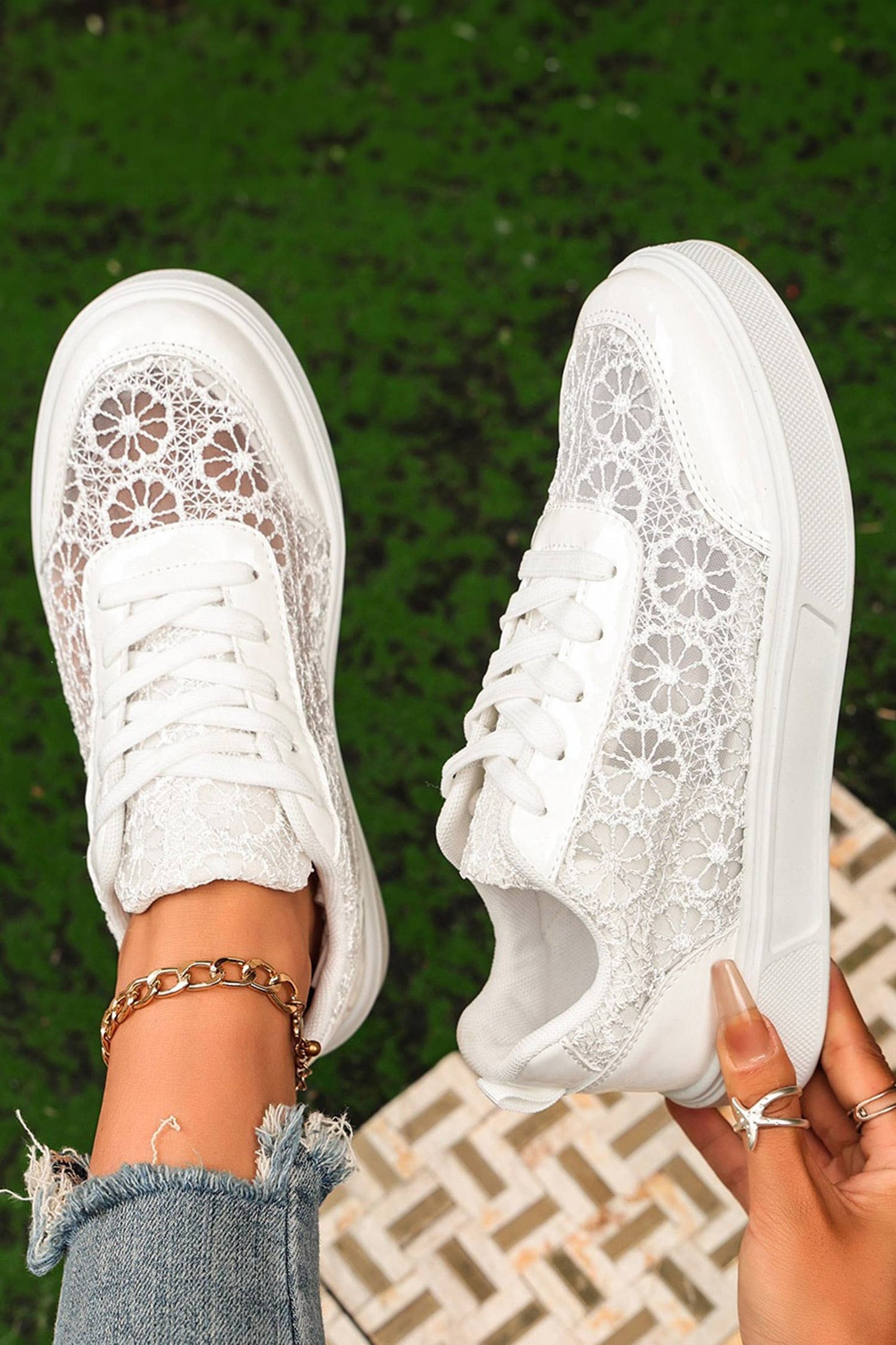 Sheer Floral Lace Slip-On Casual Sneakers: White