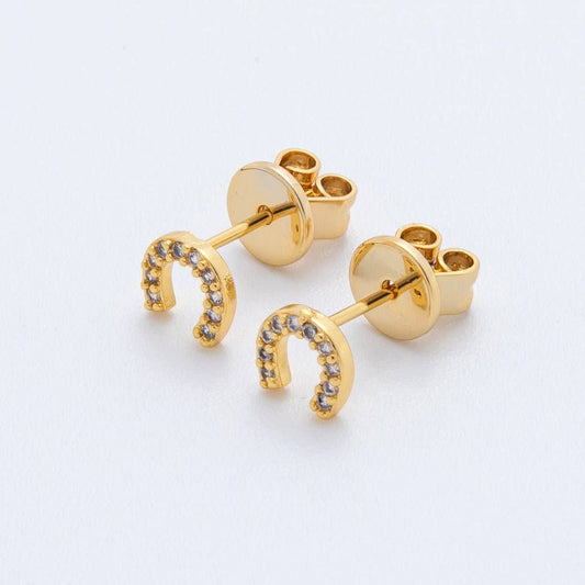 18K Gold Filled Lucky Horse Shoe Micro Paved Mini Studs Earrings
