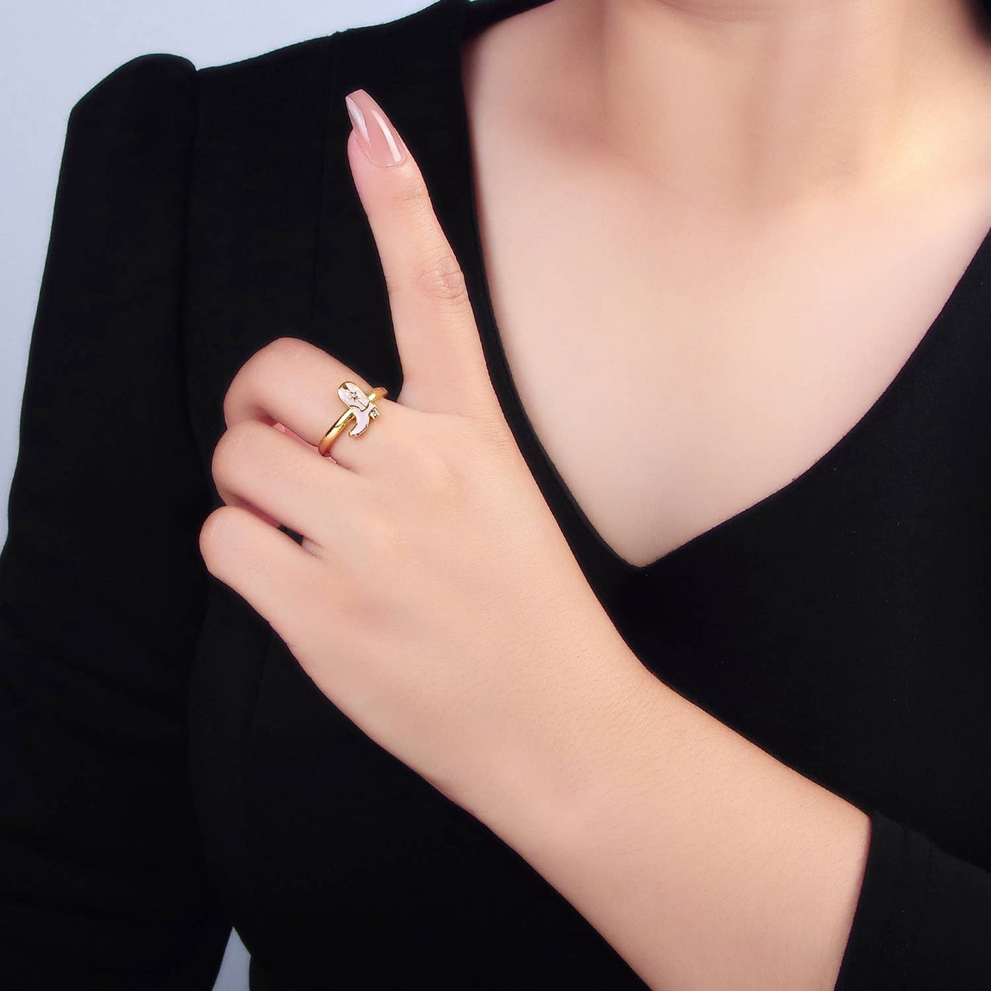 24K Gold Filled CZ Pink Enamel Cowboy Boots Ring