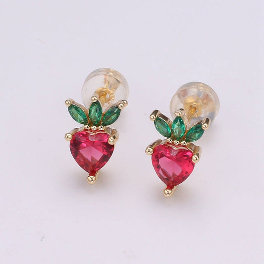 Gold Strawberry Stud Earring, Crystal Berry Studs, Strawberry Fruit Earring, Minimalist Earring, Dainty Earrings for Girls