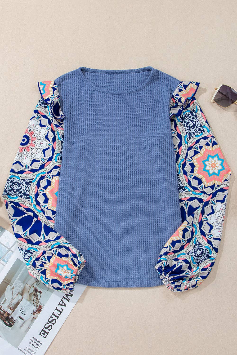 Ashleigh Blue Ruffled Floral Sleeve Patchwork Waffle Knit O Neck Blouse: Ashleigh Blue / 100%Polyester /