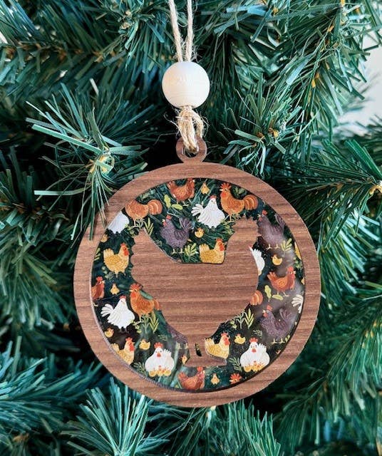 Chicken Christmas Ornament - Farm Theme Tree Ornament: White Background Acrylic (Pictured) / 2025