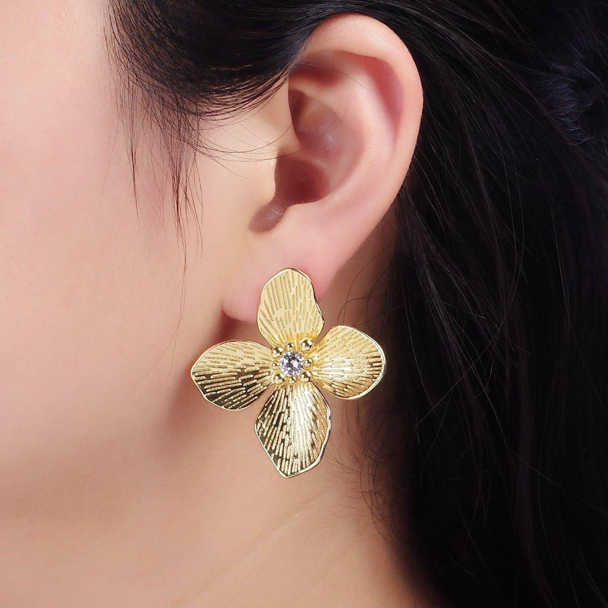 14K Gold Filled 40mm Clear CZ Line-Textured Flower Stud Earrings in Gold & Mixed Metal